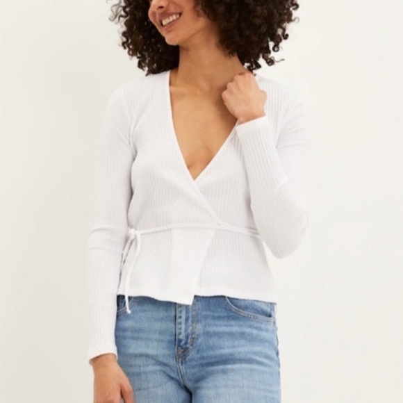 Frank & Oak White Ribbed Wrap Tie-Front Shirt / Blouse - Picture 1 of 7